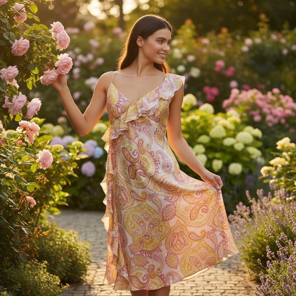 Banana Republic Pink Yellow Paisley 100% Silk Ruffle Midi Dress Petite‎ Size 8P
